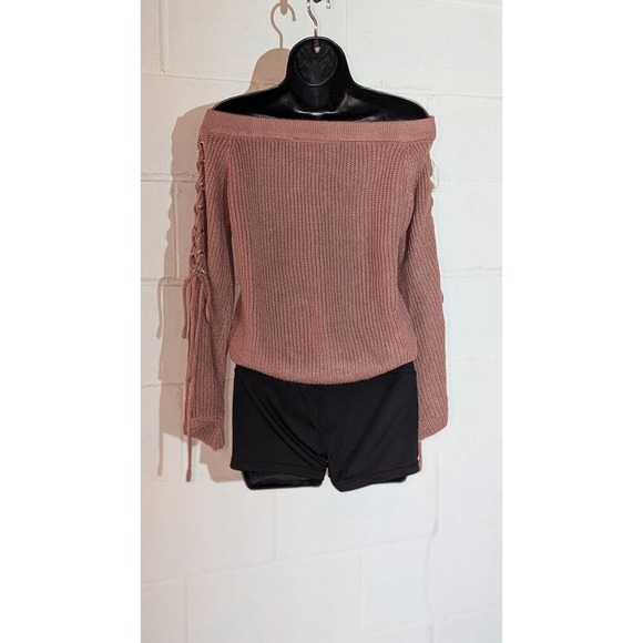 Polly & Esther Off Shoulder Knit Sweater Lace Up Bell Sleeve Pullover Top Small - Picture 3 of 5